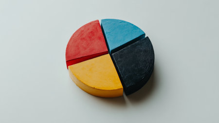 A vibrant, colorful pie chart made from play-dough, featuring four distinct segments in red, blue, yellow, and black, ideal for educational or creative projects.の素材