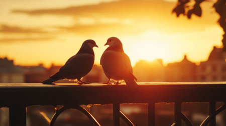 Two birds sit closely together on a railing, silhouetted against a vibrant sunset. This serene image captures the essence of companionship and tranquility in nature.の素材