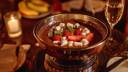 A decadent chocolate fondue served with fresh strawberries and marshmallows, creating a delightful dessert experience perfect for gatherings and celebrations.の素材