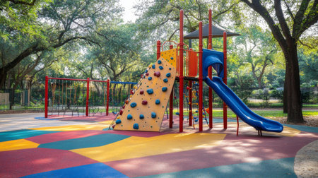 A vibrant playground featuring a colorful climbing wall and slide, designed for outdoor fun and physical activity, ideal for children's playtime in nature.の素材