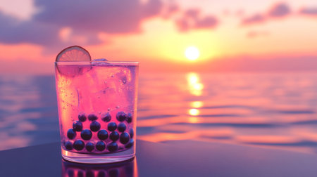 A vibrant cocktail with ice and a lime slice sits near the ocean, showcasing a stunning sunset. Perfect blend of relaxation and beauty in nature.の素材