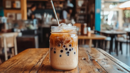 Enjoy a chilled glass of iced coffee with boba served in a cozy cafの素材