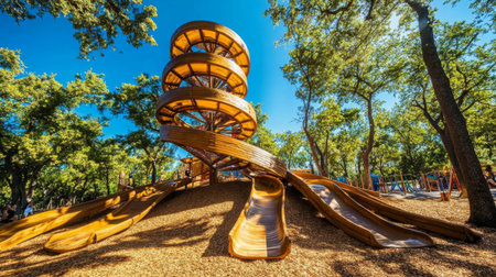 A vibrant playground structure featuring unique spiral slides, surrounded by trees. This modern design offers fun and adventure for children, perfect for outdoor play.の素材