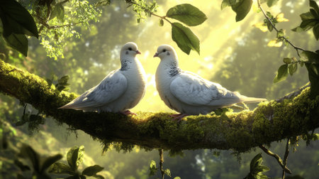 Two serene doves perched on a mossy branch, surrounded by lush greenery and dappled sunlight, creating a tranquil and romantic atmosphere in nature.の素材