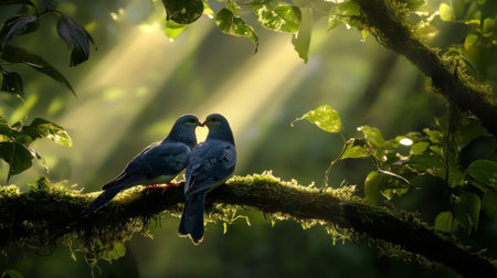 Two beautiful birds share a tender moment in a tranquil forest, illuminated by soft sunlight streaming through lush foliage, highlighting nature's romance.の素材