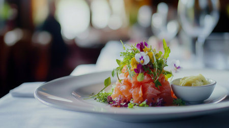 A beautifully plated salmon dish adorned with fresh herbs and edible flowers, showcasing culinary artistry in a charming restaurant setting.の素材