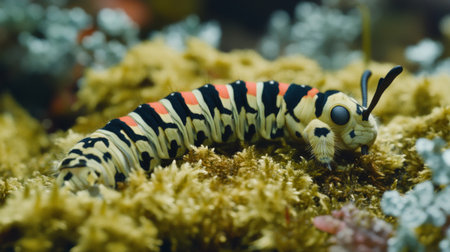 A vibrant caterpillar crawls gracefully over a mossy surface, showcasing its striking colors and patterns. A beautiful example of nature's artistry.の素材