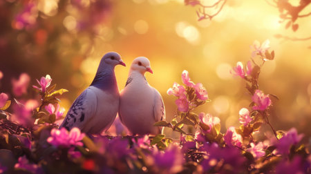 Two doves stand together amidst vibrant pink flowers, creating a serene and romantic atmosphere at sunset. A perfect depiction of love in nature.の素材