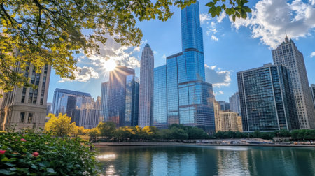 A stunning urban skyline view featuring modern skyscrapers reflecting in a serene river under bright sunlight. Lush trees frame this picturesque scene.の素材