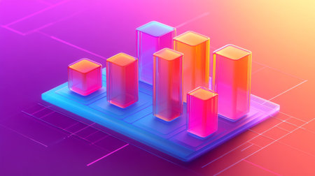 Vibrant gradient bar chart on a digital background, perfect for data visualization in business or technology contexts. Ideal for presentations and reports.の素材
