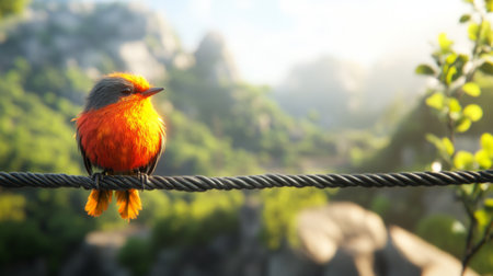 A stunning orange bird rests on a wire, showcasing its vibrant feathers against a lush, green background. The sunlit scene evokes tranquility and beauty in nature.の素材