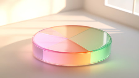A colorful pie chart sits on a bright surface, illuminated by natural sunlight. This modern design represents data visualization and analysis for creative projects.の素材