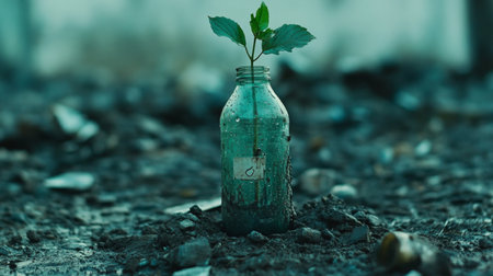 A young plant emerges from a discarded bottle in a polluted area, symbolizing hope and renewal in nature amidst environmental challenges.の素材