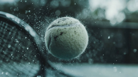A stunning close-up of a tennis ball in mid-air, creating a splash of water droplets. Perfect for illustrating action and energy in sports.の素材