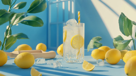 Enjoy a refreshing glass of lemonade filled with ice and bright lemon slices, surrounded by vibrant lemons in a sunny and cheerful setting.の素材