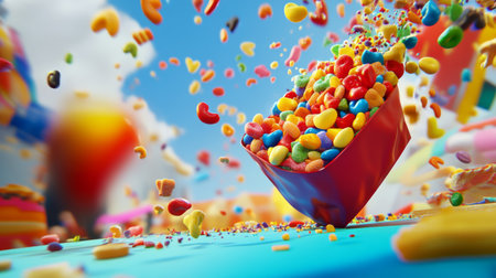 A vibrant explosion of colorful candies fills the scene, creating a joyful and playful atmosphere. Perfect for concepts of celebration and indulgence.の素材