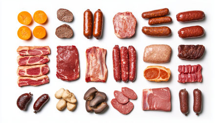 An enticing assortment of fresh meats alongside vibrant oranges, ideal for culinary projects showcasing nutrition, preparation, and gourmet dishes.の素材