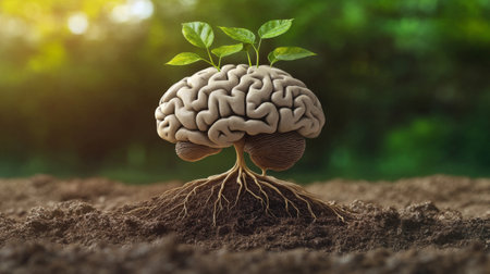 A creative illustration depicting a brain transforming into a plant with green leaves and roots, symbolizing growth, intelligence, and connection to nature.の素材
