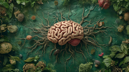 A striking imagery of a brain intertwined with roots and surrounded by lush nature, symbolizing the deep connection between human creativity and the natural world.の素材