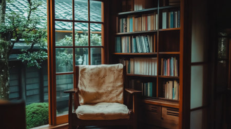 A cozy reading nook featuring a plush chair and a bookcase filled with books. Natural light floods the space, creating a tranquil and inviting atmosphere perfect for relaxation.の素材
