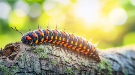 A vibrant caterpillar with striking orange and black patterns crawls along tree bark, illuminated by gentle sunlight, showcasing the beauty of nature.の素材