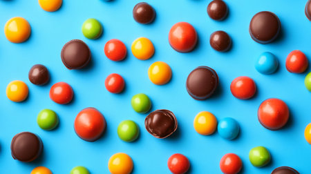 A vibrant arrangement of assorted candies on a blue background, showcasing a playful and festive display perfect for sweet treats and celebrations.の素材