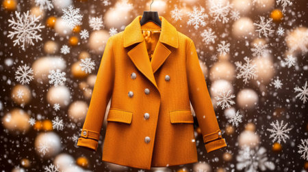 A stylish orange winter coat hangs elegantly against a backdrop of snowflakes, capturing the essence of seasonal fashion. Perfect for showcasing warmth and style.の素材