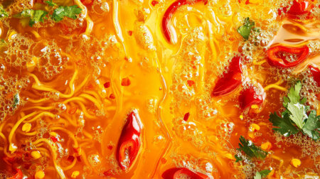 A vibrant close-up of bubbling soup featuring red peppers, fresh herbs, and noodles. This colorful composition highlights warmth and flavor, perfect for culinary projects.の素材
