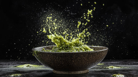 A dynamic splash of vibrant green sauce bursts from a textured bowl, creating an artistic view that showcases culinary creativity against a dark backdrop.の素材