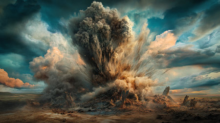 A stunning depiction of a massive explosion, showcasing swirling smoke and dust against a dramatic sky. This image captures the raw energy and chaos of nature.の素材