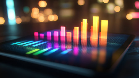 Bright and colorful data visualization displayed on a tablet screen, showcasing vibrant bar graphs and metrics for modern data analysis in a dynamic environment.の素材