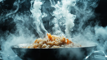 A captivating image of steam rising from a pan of freshly cooked rice, showcasing the culinary process in a modern kitchen. Perfect for food lovers.の素材
