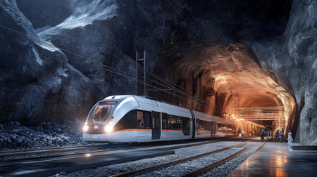 A modern train navigates a dramatic underground tunnel, showcasing intricate rock formations and atmospheric lighting. Perfect for themes of travel and adventure.の素材