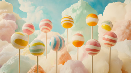 A whimsical candy scene showcasing vibrant lollipops and fluffy cotton clouds in soft pastel colors. Perfect for dessert, parties, and celebrations.の素材