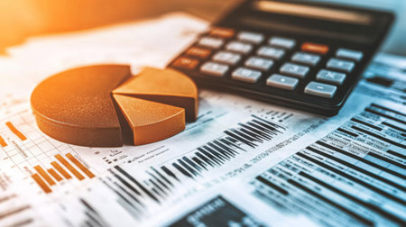 A close-up view of financial documents featuring a pie chart, graphs, and a calculator. This image represents analysis, metrics, and financial planning in a professional workspace.の素材