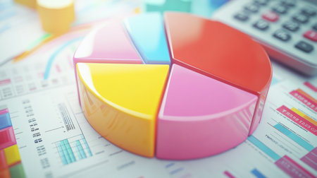 Vibrant pie chart on financial documents with a calculator, ideal for business presentations and reports, showcasing data analysis and strategic planning.の素材