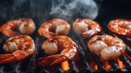 Mouthwatering grilled shrimp sizzling on a barbecue, showcasing rich flavor and smoky aroma. Perfect for summer gatherings or gourmet meals.の素材