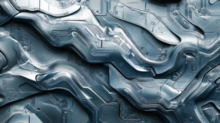 This abstract design features a flowing metallic texture with dynamic curves, perfect for technology-themed projects or creative backgrounds.の素材