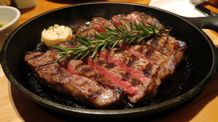 Discover a mouthwatering grilled steak, perfectly seared and garnished with fresh rosemary and butter, served sizzling on a wooden table.の素材