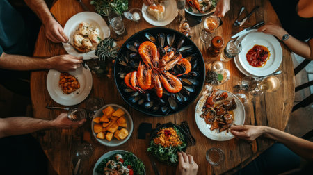 A lively seafood feast brings friends together around a rustic wooden table. Shrimp, crab, and mussels create a vibrant dining experience filled with flavors and joy.の素材