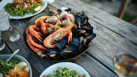 A colorful seafood platter featuring shrimp, mussels, and crab on a rustic wooden table, perfect for outdoor dining or summer gatherings. Enjoy the vibrant display of fresh ingredients.の素材