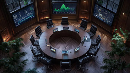 A sophisticated conference room designed for high-level meetings, featuring a circular table and multiple screens displaying data analytics and business growth.の素材