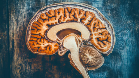 This image showcases a cross-sectional view of a brain alongside a fungus, displayed on a rustic wooden surface, highlighting organic textures and colors.の素材