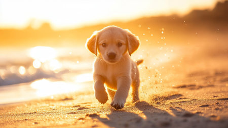 A cute puppy joyfully running along a sandy beach during sunset, capturing the warmth of the golden light and the spirit of adventure. Perfect for pet lovers!の素材