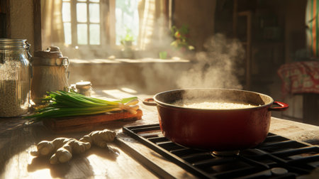 A cozy kitchen scene featuring a steaming pot on the stove, fresh green onions, and ginger, illuminated by warm sunlight through a window.の素材