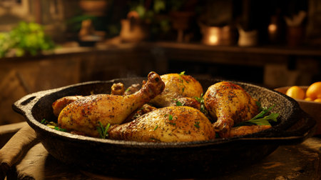 A beautifully roasted chicken arranged in a cast iron skillet, showcasing the savory blend of spices and herbs in an inviting kitchen atmosphere.の素材