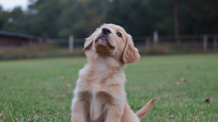 A playful golden retriever puppy sits on green grass, exuding joy and curiosity. This adorable companion embodies innocence and happiness in nature.の素材