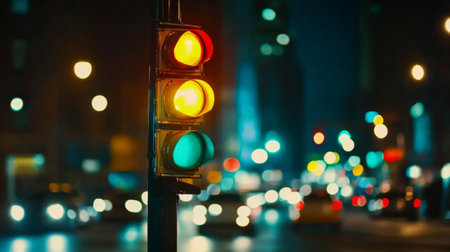 A vibrant traffic signal illuminated at night in an urban setting, showing red, yellow, and green lights amidst blurred vehicle movement and city lights.の素材