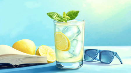 A refreshing glass of lemonade with mint leaves and ice, accompanied by a book and sunglasses, perfect for a sunny summer day relaxing outdoors.の素材