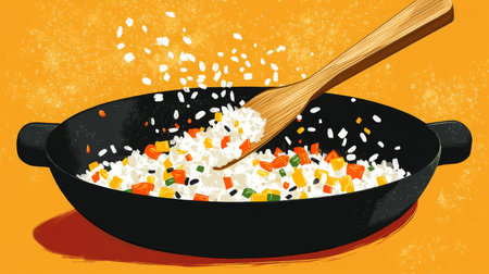 A vibrant illustration of colorful ingredients being stirred in a frying pan, showcasing the art of cooking and the joy of meal preparation. Perfect for culinary themes.の素材